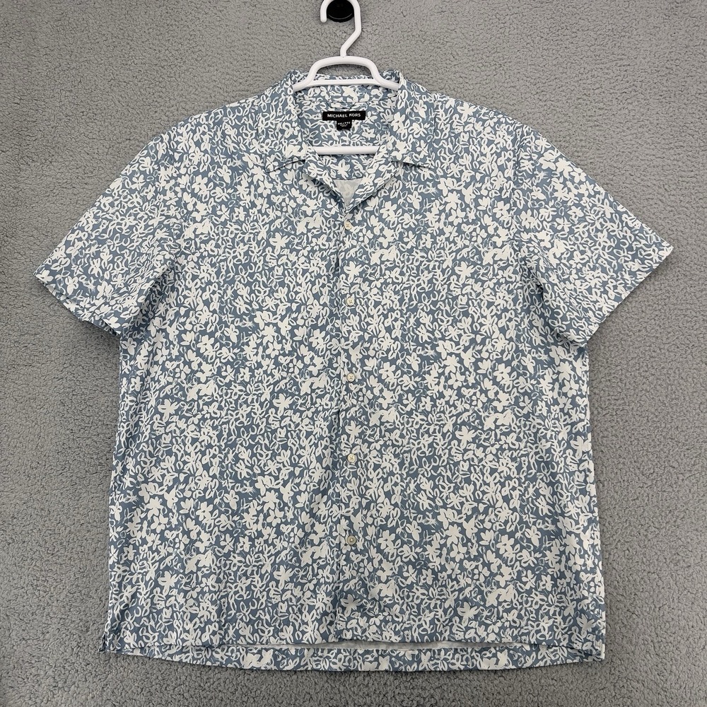 Michael‎ Kors Men's Floral Button Front Shirt Blue White Short Sleeve Size XXL